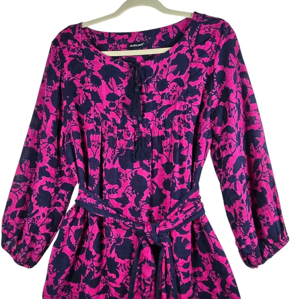 Studio Park x Amy Stran Dress Medium Berry Navy Floral Belted Boho Peasant - Picture 2 of 13